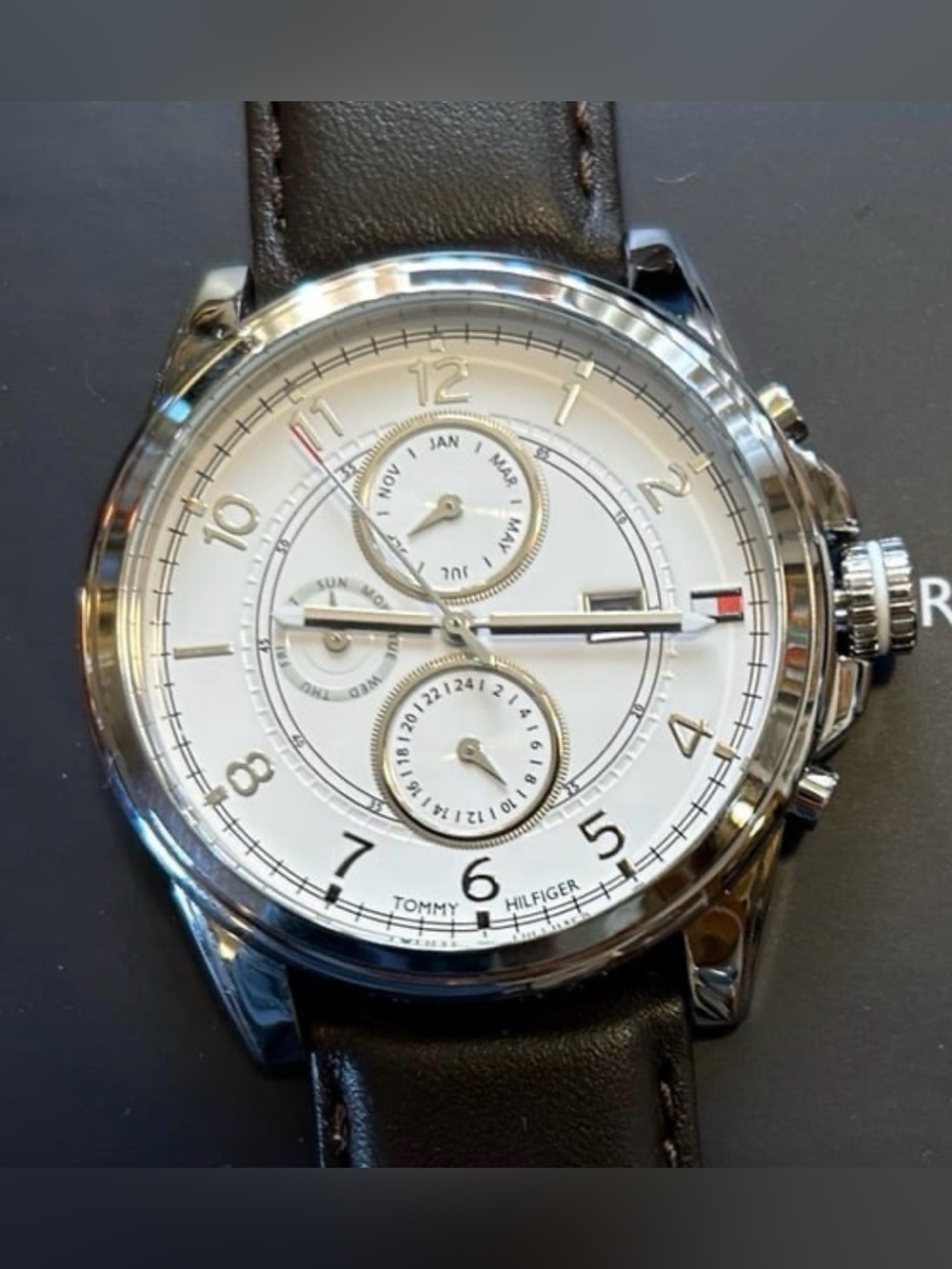 Tommy Hilfiger Watch With 46mm White Chronograph Face & Brown Leather Band